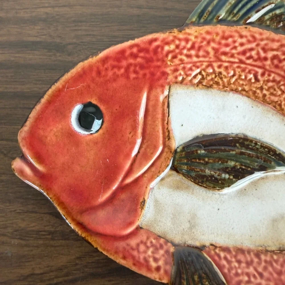 Pier 1 Imports Hand Painted Porcelain Fish Sushi Platter Red Brown Nautical READ